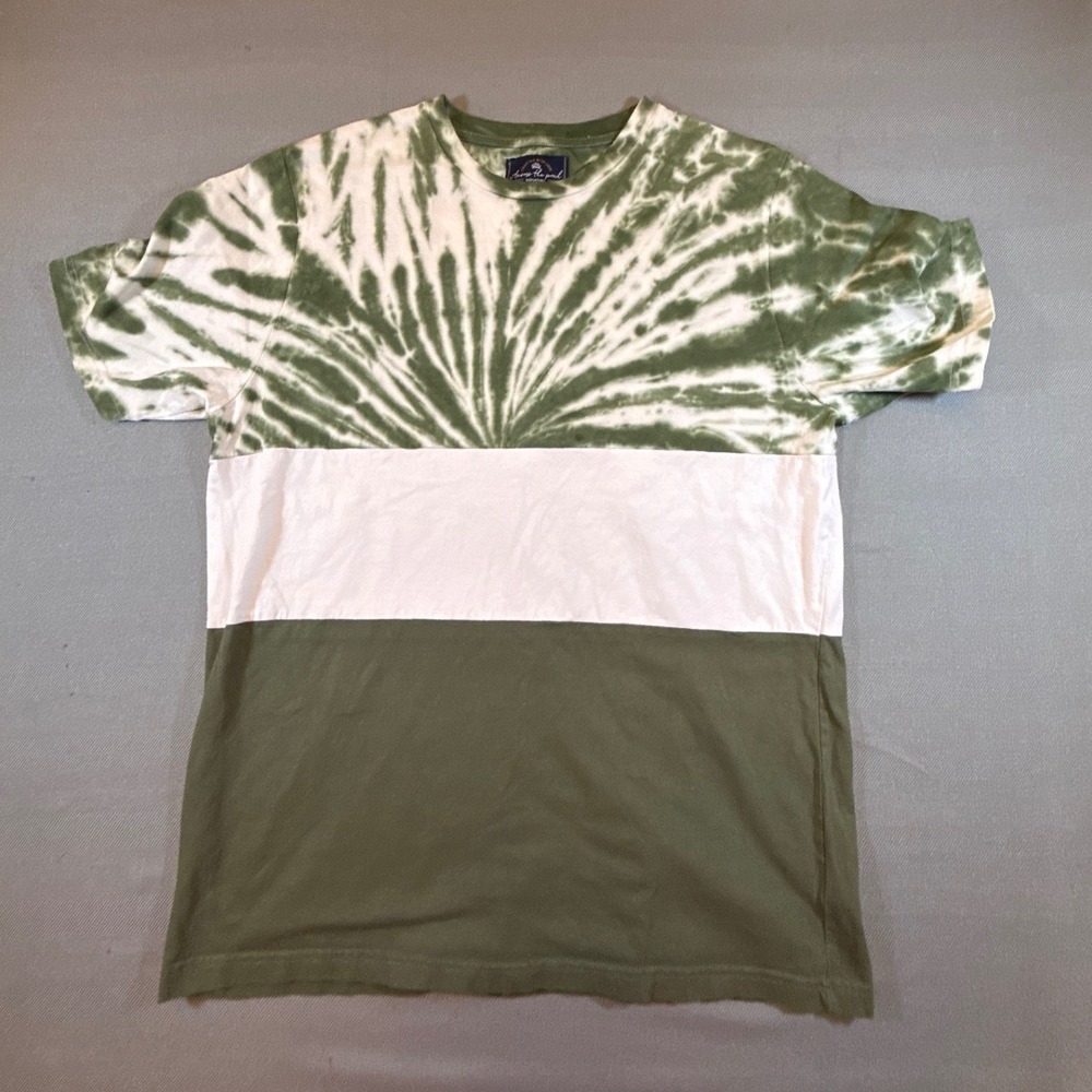Across the Pond Mens Large Tie Dye Colorblock Tee Green White Cotton 1821
